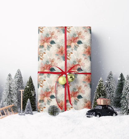 Holiday Gift Wrap Roll with Watercolor Poinsettias, Premium Floral Wrapping Paper for Christmas #17