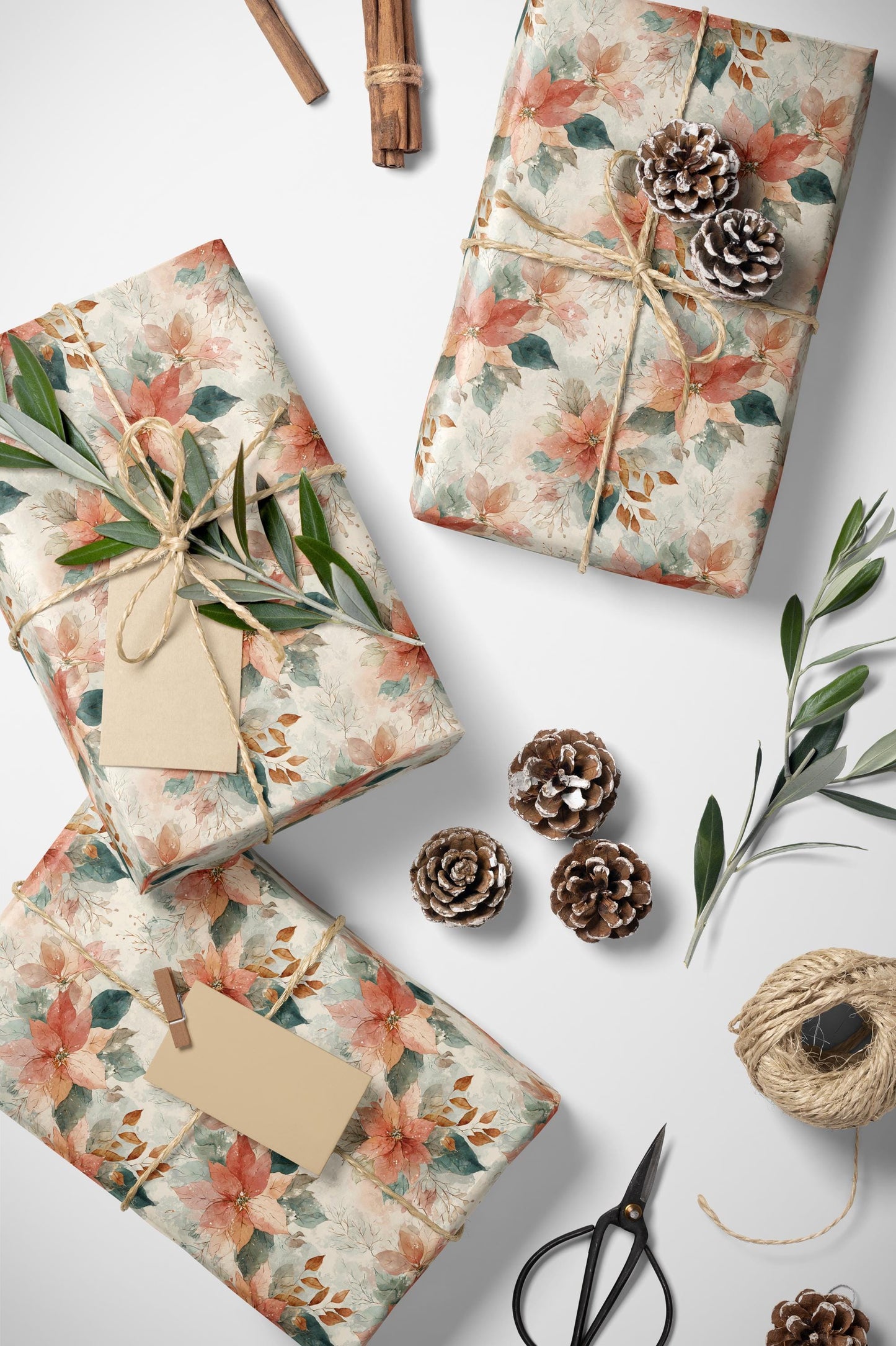 Holiday Gift Wrap Roll with Watercolor Poinsettias, Premium Floral Wrapping Paper for Christmas #17