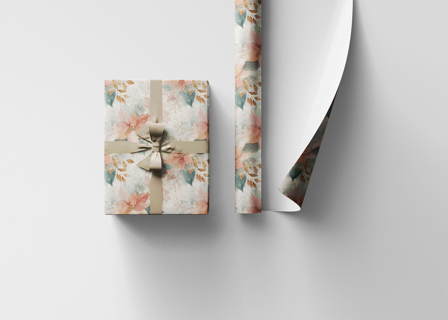 Holiday Gift Wrap Roll with Watercolor Poinsettias, Premium Floral Wrapping Paper for Christmas #17