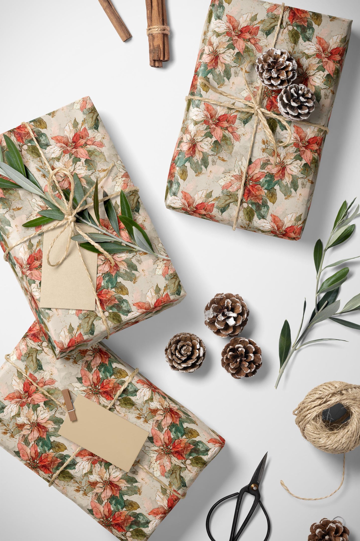 Watercolor Poinsettia Holiday Wrapping Paper Roll, Floral Christmas Gift Wrap for Winter Celebrations #13