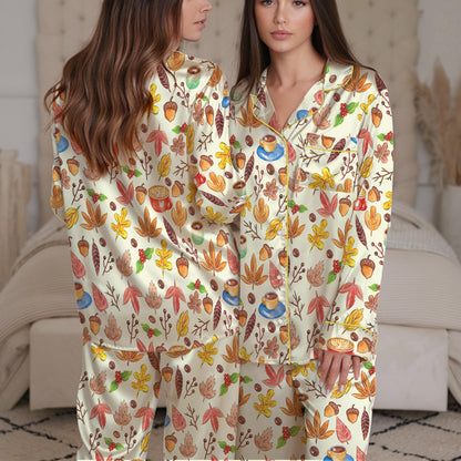 Fall Pajama Set, Cozy Autumn Leaves & Coffee Sleepwear, Thanksgiving Loungewear Set, Cozy Season Pajamas, Autumn Vibes, Cozy Autumn Coffee