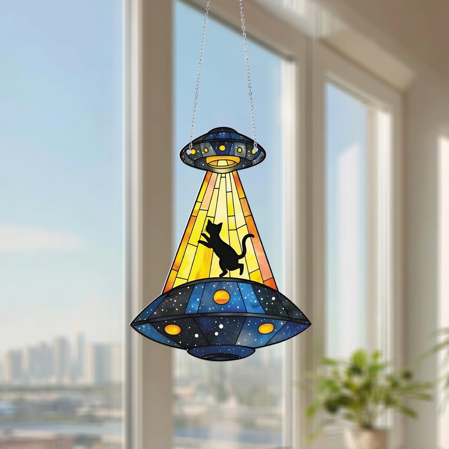 UFO Cat Abduction Window Hanging Decoration, Alien Spaceship Decor for Cat Lovers, Funny Room Accent for Halloween, Space or Sci-Fi Themes