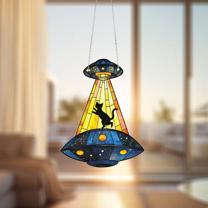 UFO Cat Abduction Window Hanging Decoration, Alien Spaceship Decor for Cat Lovers, Funny Room Accent for Halloween, Space or Sci-Fi Themes