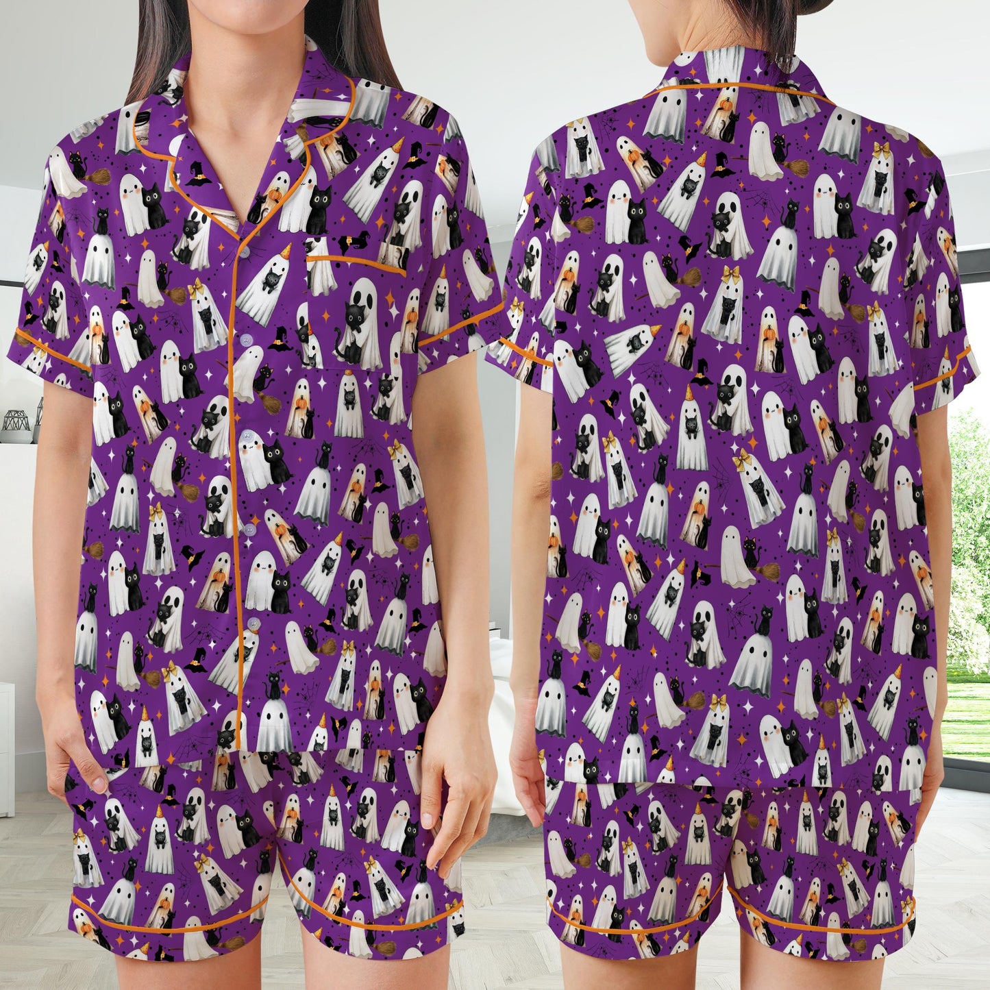 Black Cat Halloween Satin Pajamas Set, Spooky Season Pajama Set, Boo Ghost Cat Lover Sleepwear, Funny Cat Mama Halloween Pajamas Set