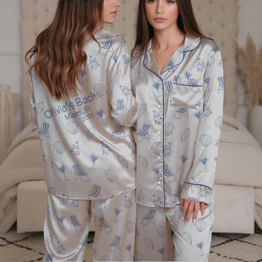 Custom Beach Bachelorette Pajama Set, Coastal Bride Trip Sleepwear, Bikini Shell Cocktail Party Loungewear Set, Mermaid Bachelorette Pjs