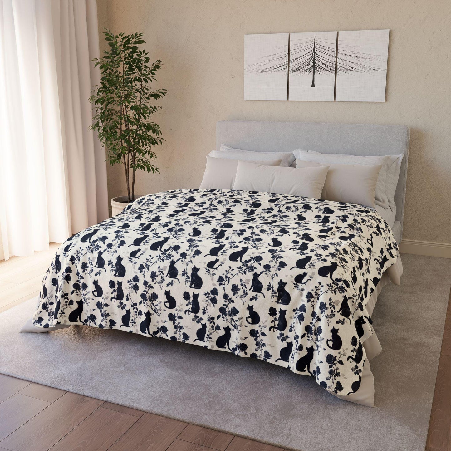 Floral Black Cat Sherpa Blanket - Soft Cozy Throw for Kids & Adults - Home Decor - Cute Cate Blanket Gift by Harbor Island Decor