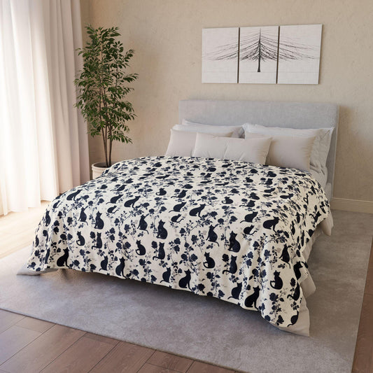 Floral Black Cat Sherpa Blanket - Soft Cozy Throw for Kids & Adults - Home Decor - Cute Cate Blanket Gift by Harbor Island Decor