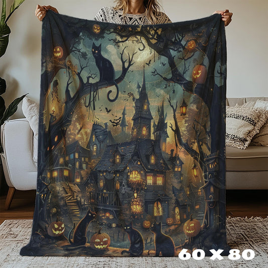 Halloween Throw Blanket Decor, Soft Blanket, Halloween Decor, Cozy Holiday Custom Fall Party Gifts, Colorful Print with Spooky Black Cats