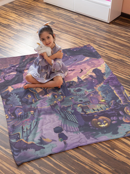Halloween Village Blanket - Cozy Spooky Night Decor, Whimsical Halloween Throw