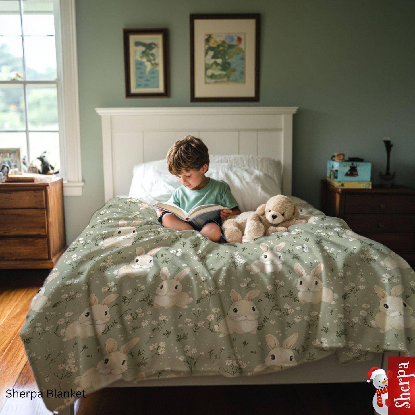 Floral Cute Bunny Sherpa Blanket - Soft Floral Throw for Kids & Adults - Cozy Rabbit Blanket - Nursery Decor Gift by Harbor Island Decor