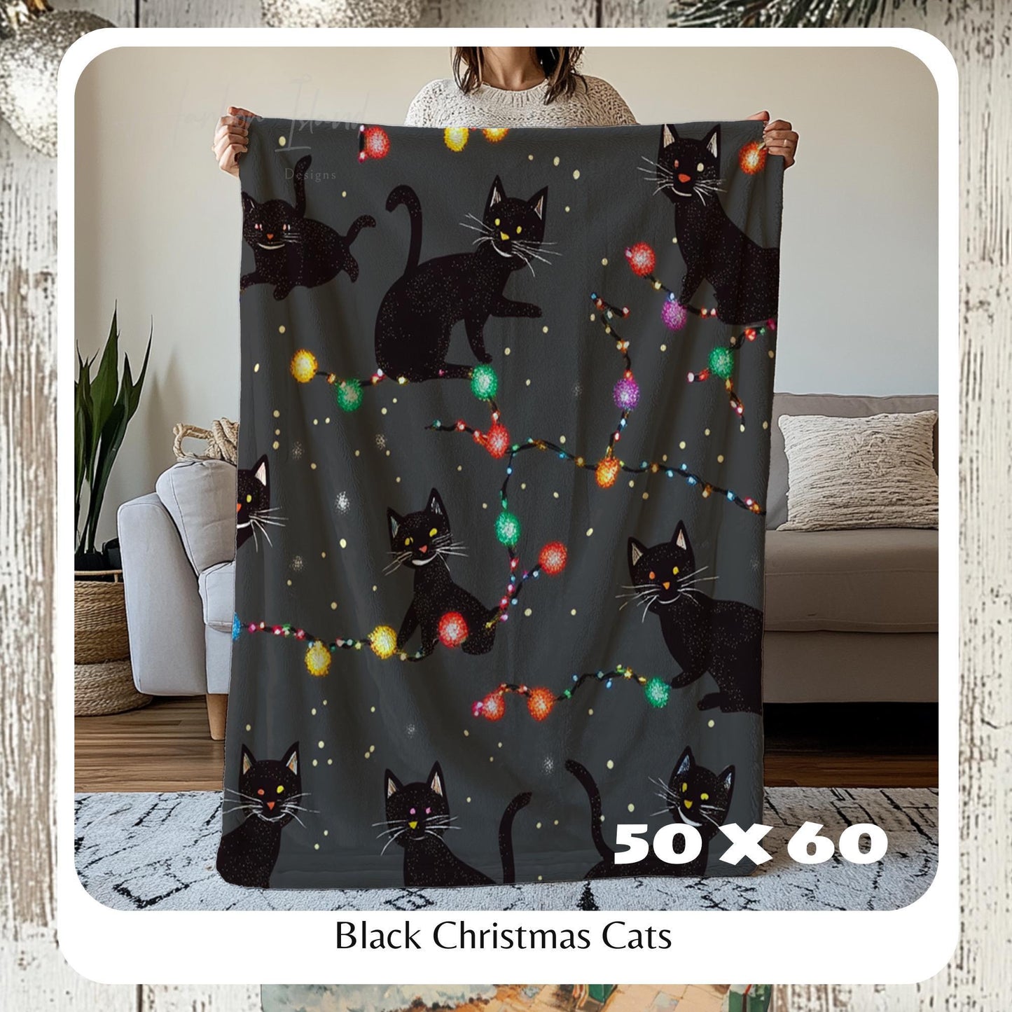 Cozy Black Christmas Cat Throw Blanket,  Fleece Bedding with Christmas Lights, Cute Gothic Holiday Decor, HarborIslandDecor
