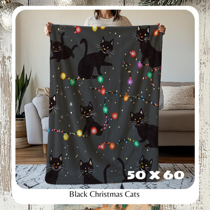 Cozy Black Christmas Cat Throw Blanket,  Fleece Bedding with Christmas Lights, Cute Gothic Holiday Decor, HarborIslandDecor