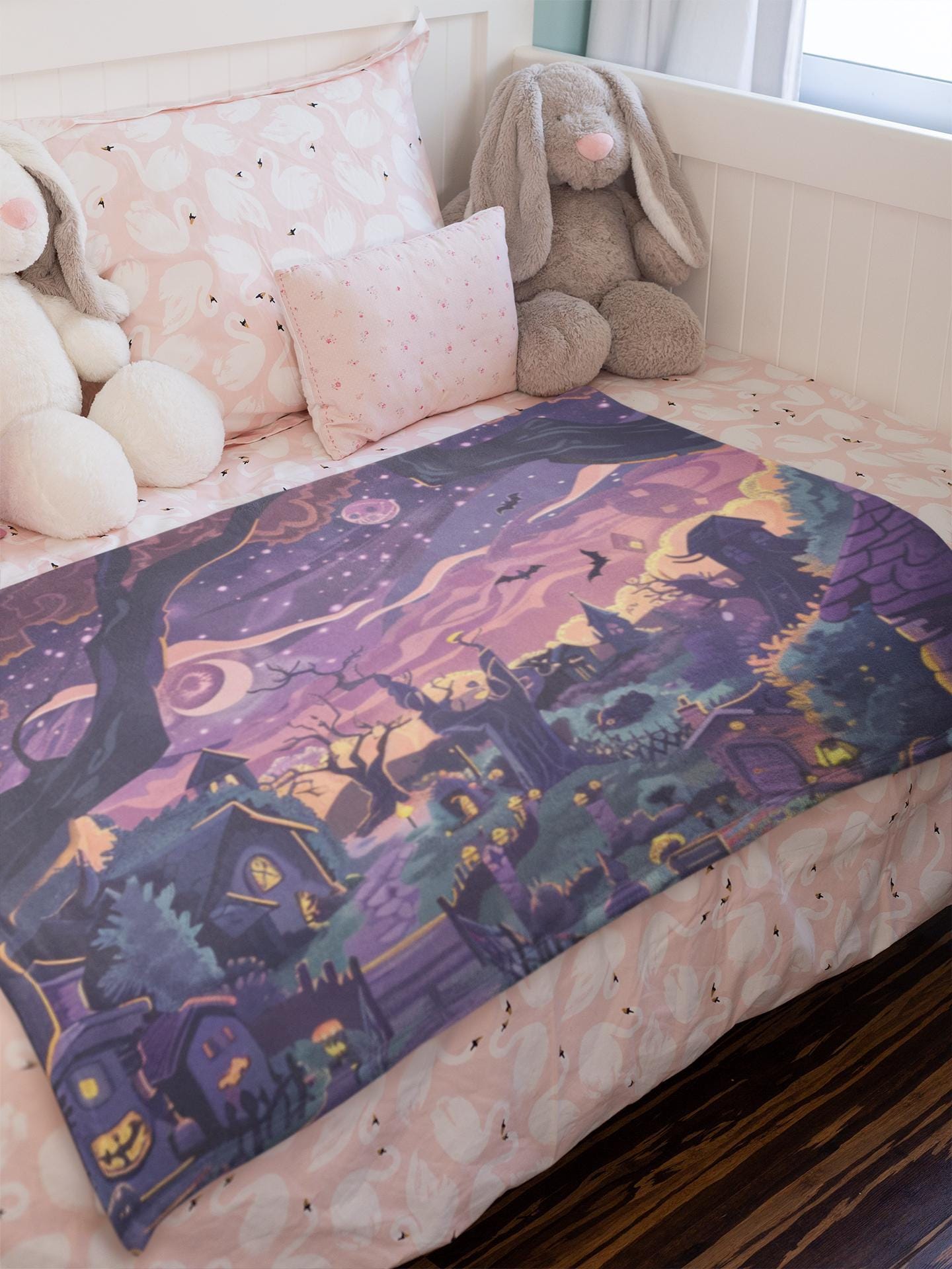 Halloween Village Blanket - Cozy Spooky Night Decor, Whimsical Halloween Throw