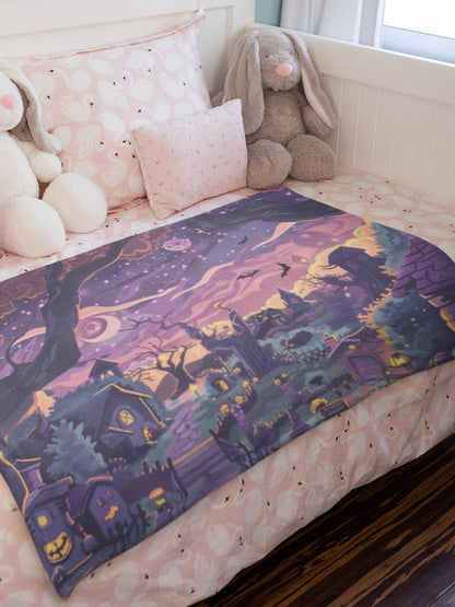 Halloween Village Blanket - Cozy Spooky Night Decor, Whimsical Halloween Throw