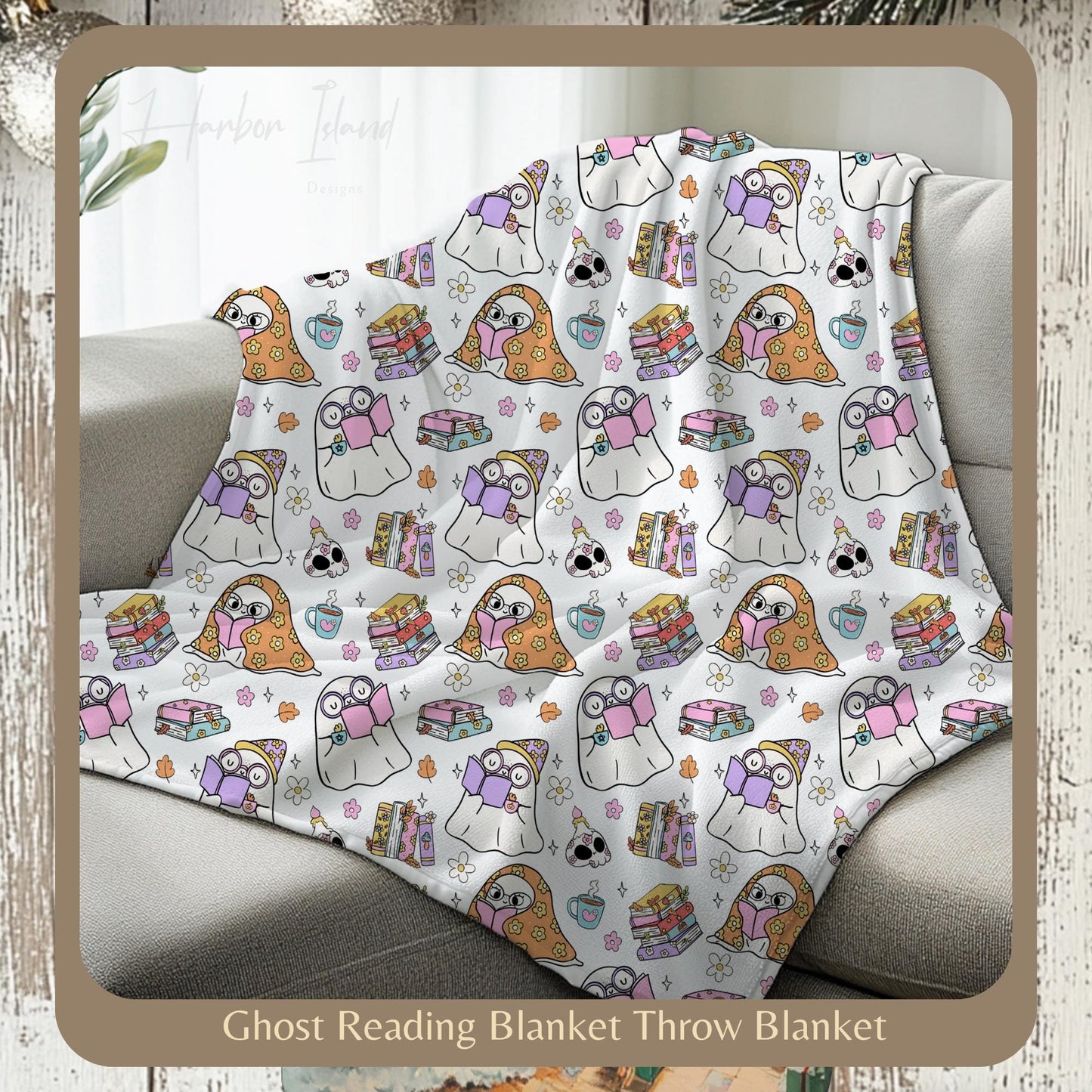Retro Ghost Reading Books, Halloween Blanket, Cute Ghost Reading, Halloween Boo School, Librarian Halloween Gift by HarborIslandDecor