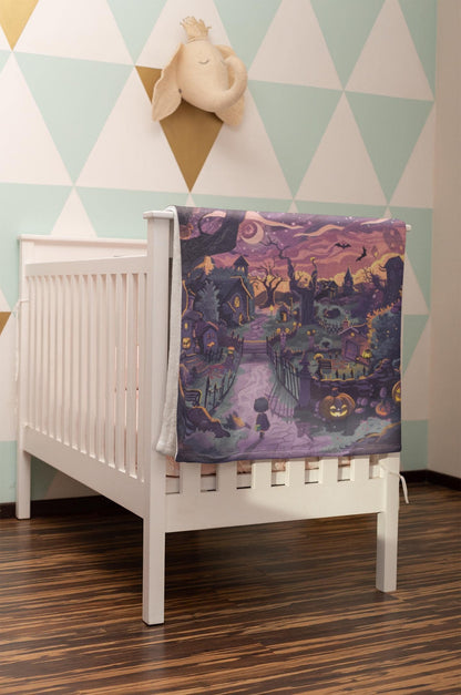 Halloween Village Blanket - Cozy Spooky Night Decor, Whimsical Halloween Throw