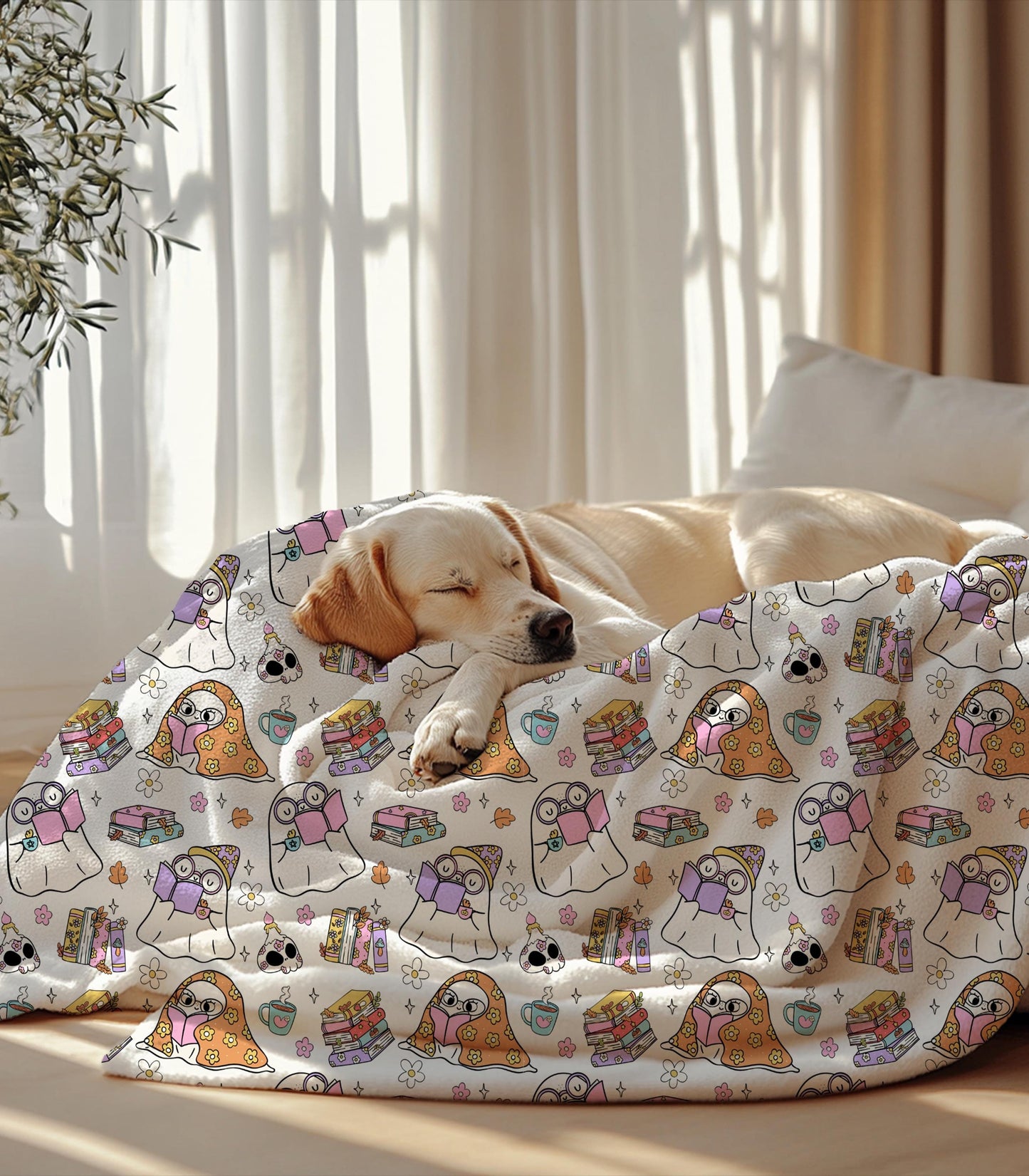 Retro Ghost Reading Books, Halloween Blanket, Cute Ghost Reading, Halloween Boo School, Librarian Halloween Gift by HarborIslandDecor