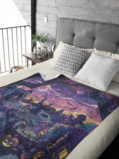 Halloween Village Blanket - Cozy Spooky Night Decor, Whimsical Halloween Throw