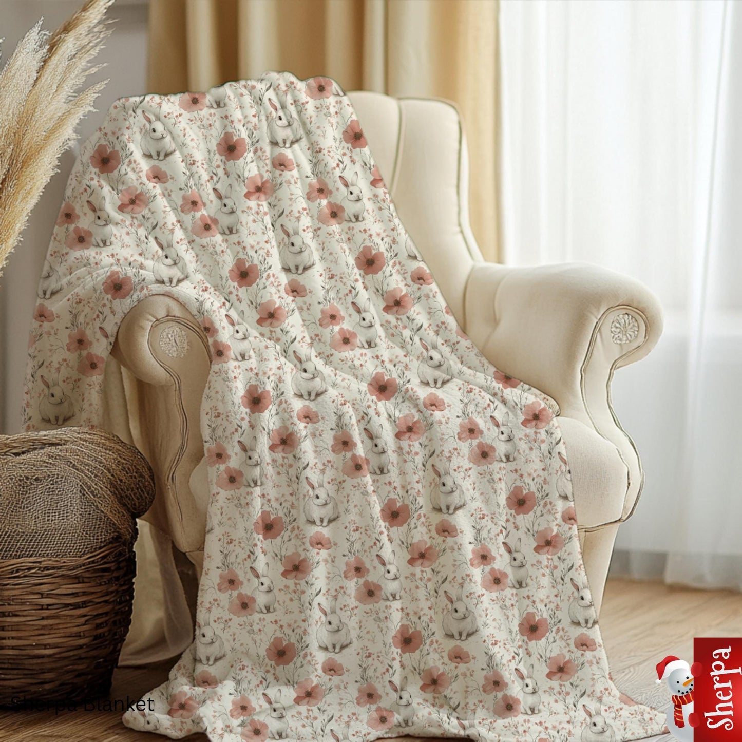 Bunny Floral Sherpa Blanket - Soft Cozy Throw for Kids & Adults - Nursery Decor - Cute Rabbit Blanket Gift by Harbor Island Decor