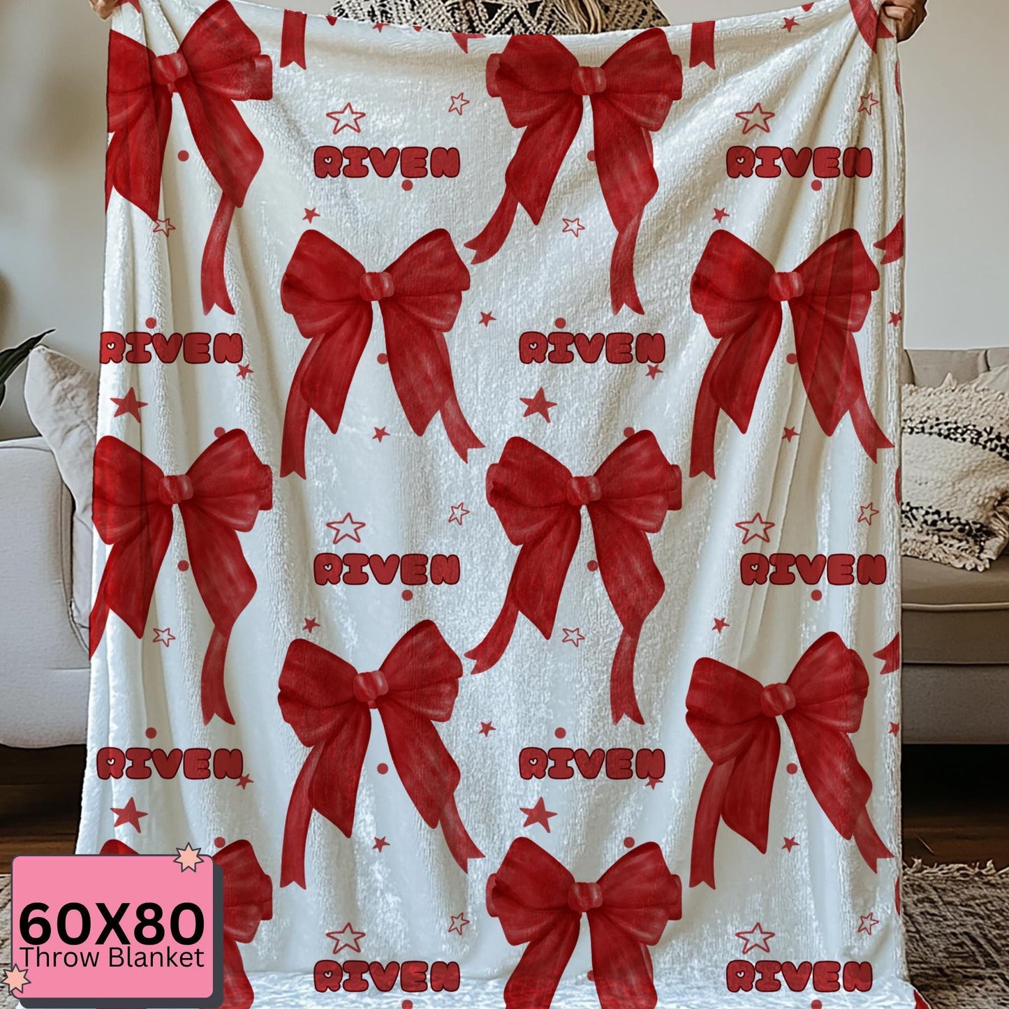 Personalized Blanket - Velveteen Custom Name Throw - Red Coquette Bow Blanket -  by Harbor Island Decor