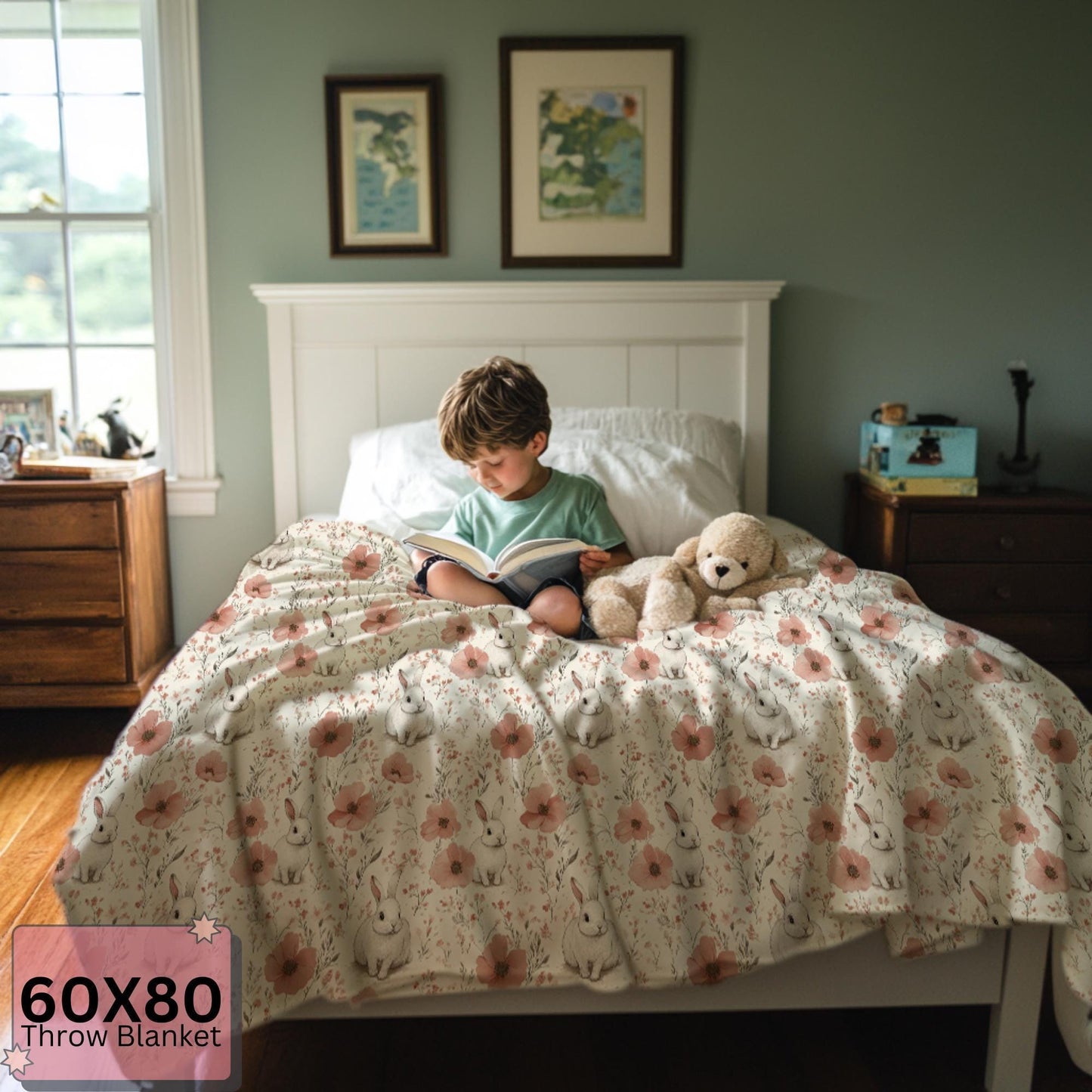 Bunny Floral Sherpa Blanket - Soft Cozy Throw for Kids & Adults - Nursery Decor - Cute Rabbit Blanket Gift by Harbor Island Decor