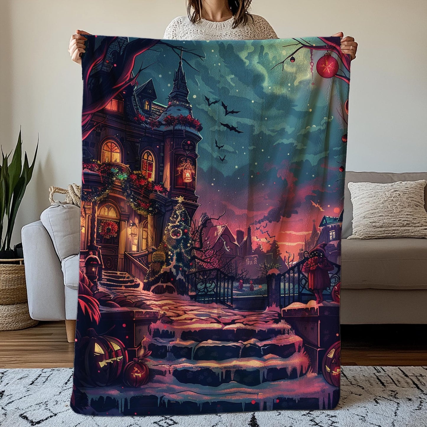 Spooky Christmas Blanket, Cozy Halloween Blanket, Creepy Christmas Gifts, Magical Witch Blanket, Dark Academia Gift by Harbor Island Decor
