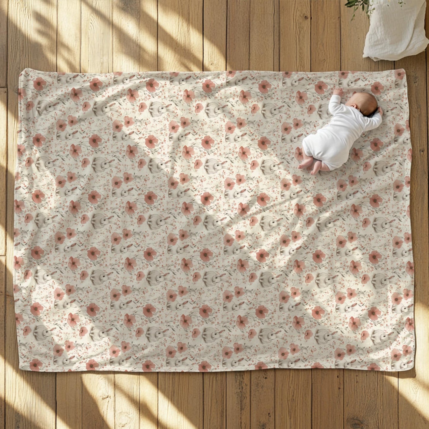 Bunny Floral Sherpa Blanket - Soft Cozy Throw for Kids & Adults - Nursery Decor - Cute Rabbit Blanket Gift by Harbor Island Decor