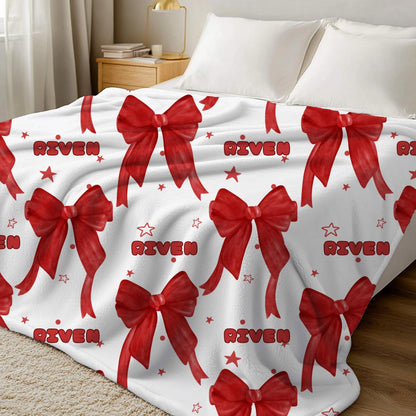 Personalized Blanket - Velveteen Custom Name Throw - Red Coquette Bow Blanket -  by Harbor Island Decor
