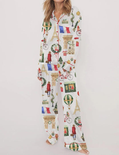 Christmas Paris Satin Pajama Set For Women