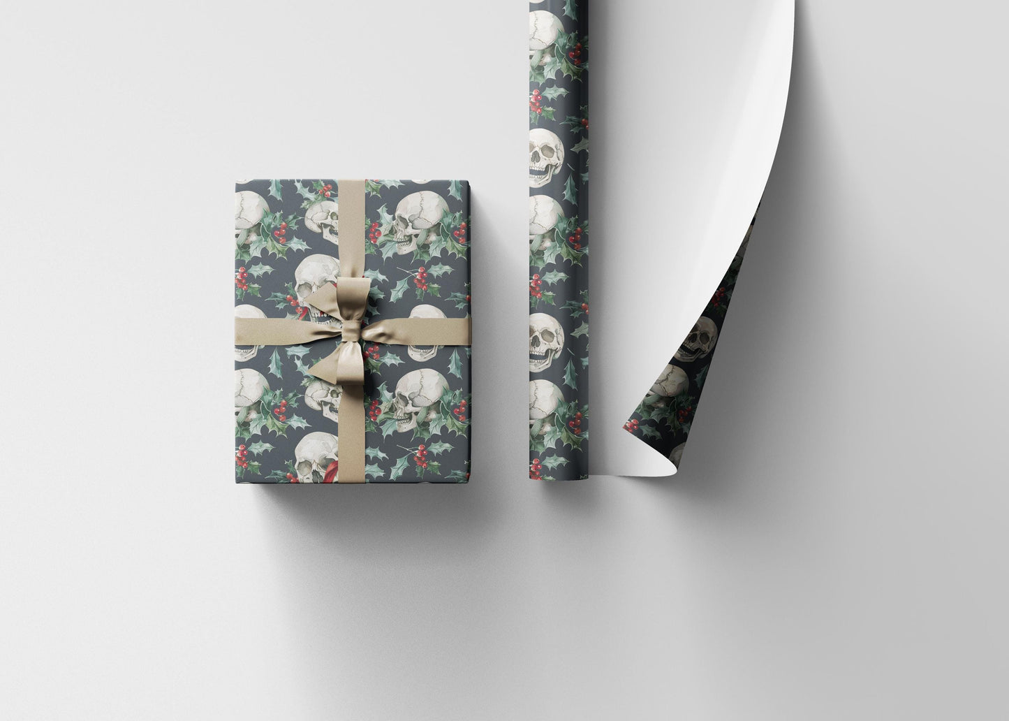 Goth Christmas Gift Wrap Roll, Alternative Holiday Wrapping Paper with Skulls and Stars #23