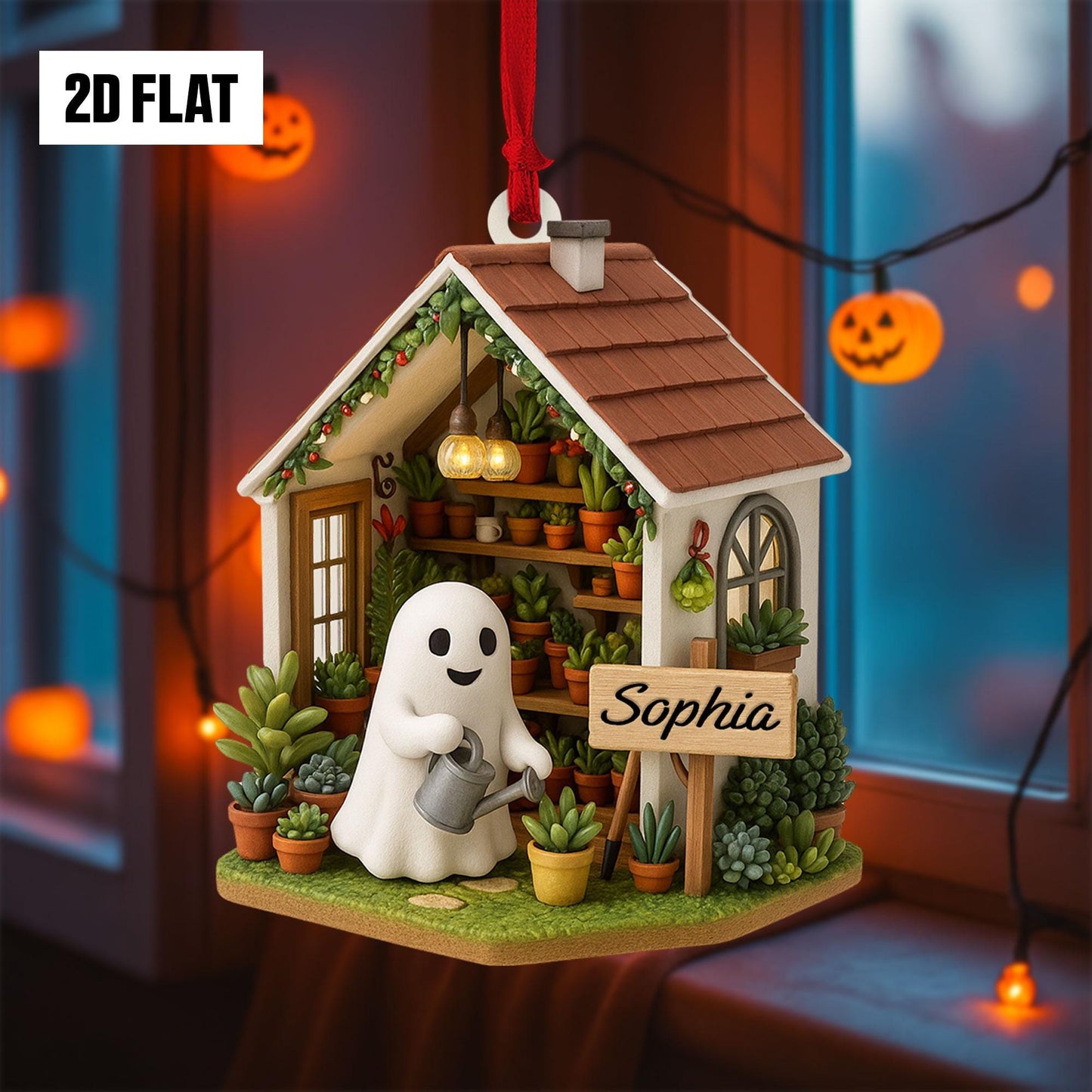 Personalized Ghost in Garden 2D FLAT Acrylic Ornament, Plant Lovers Halloween Gift, Halloween Ornament for Plantaholic, Greenhouse Ornament