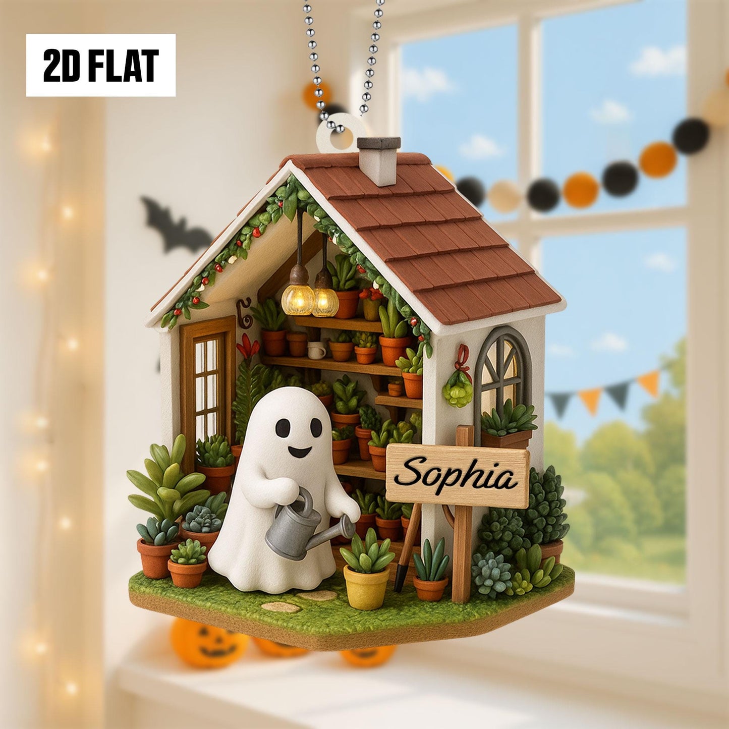 Personalized Ghost in Garden 2D FLAT Acrylic Ornament, Plant Lovers Halloween Gift, Halloween Ornament for Plantaholic, Greenhouse Ornament