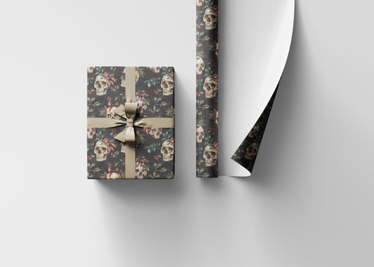 Gothic Christmas Wrapping Paper Roll, Dark Skull Gift Wrap for Spooky Winter Holiday Vibes #24