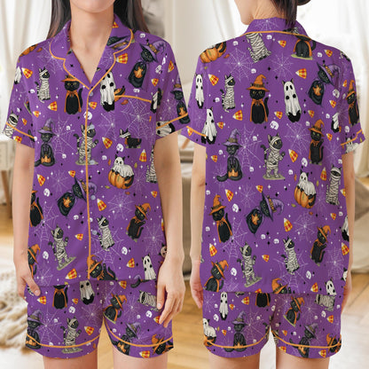 Halloween Cat Pajama Set, Cute Boo Cat Sleepwear, Spooky Black Cat Loungewear, Funny Ghost Mummy Witch Cat PJs, Gothic Halloween Pajamas