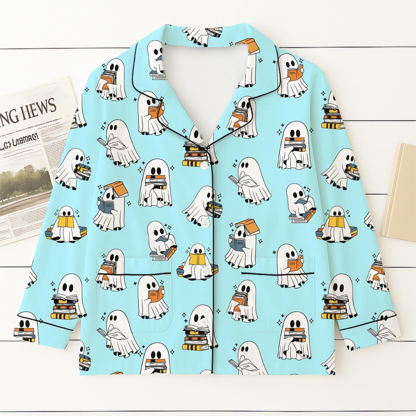 Halloween Ghost Reading Books Pajamas Set, Reading Ghost Sleepwear, Cozy Fall Nightwear, Spooky Season Gift, Bookish Gift, Halloween Gift
