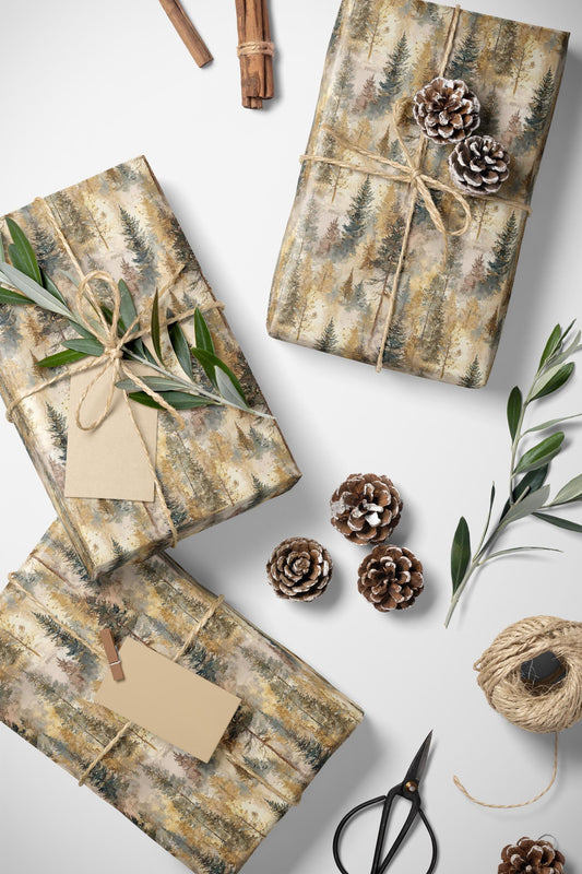 Nature Christmas Wrapping Paper Roll, Pinecone and Evergreen Forest Gift Wrap for Winter #32