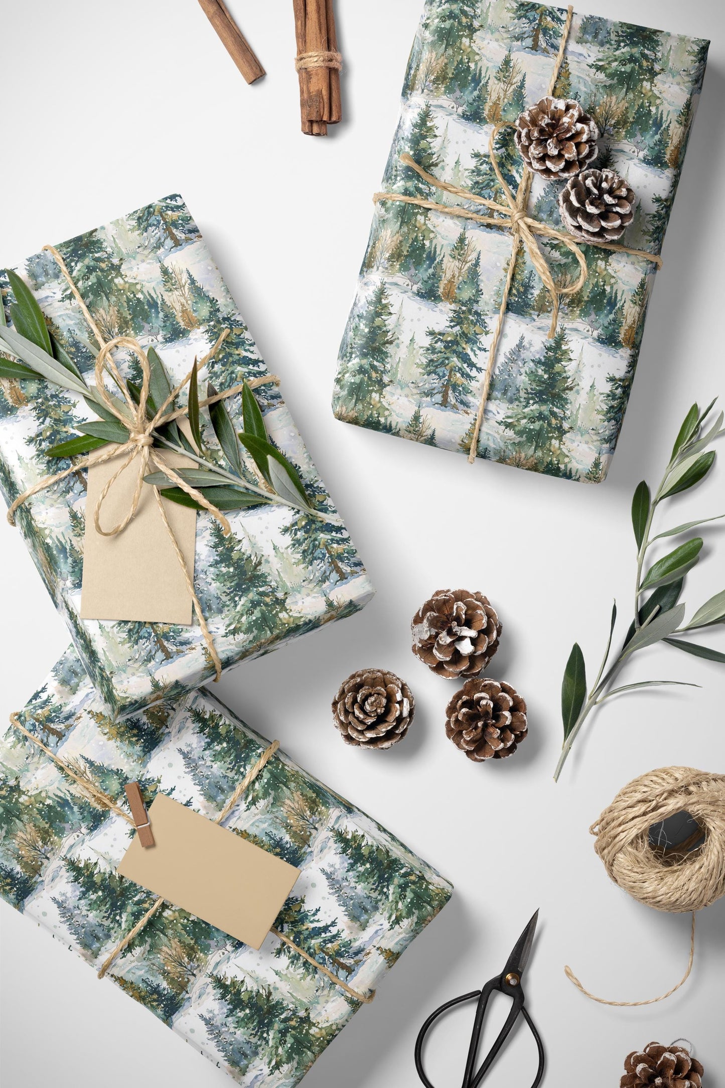 Nature Inspired Wrapping Paper Roll, Pine Tree and Pinecone Christmas Gift Wrap for Winter #24
