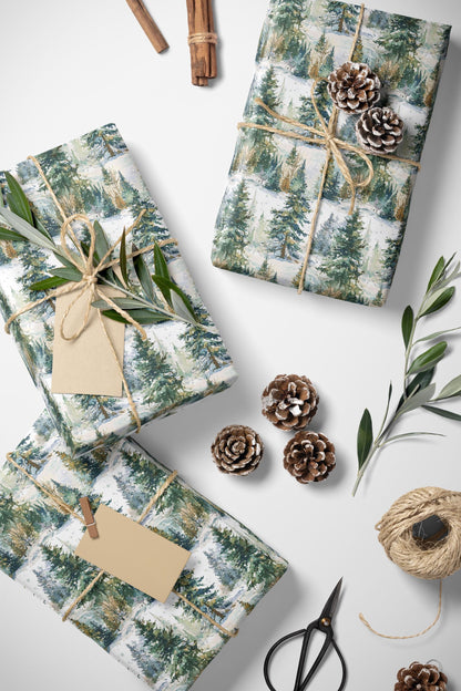Nature Inspired Wrapping Paper Roll, Pine Tree and Pinecone Christmas Gift Wrap for Winter #24