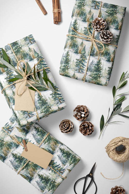 Nature Inspired Wrapping Paper Roll, Pine Tree and Pinecone Christmas Gift Wrap for Winter #24