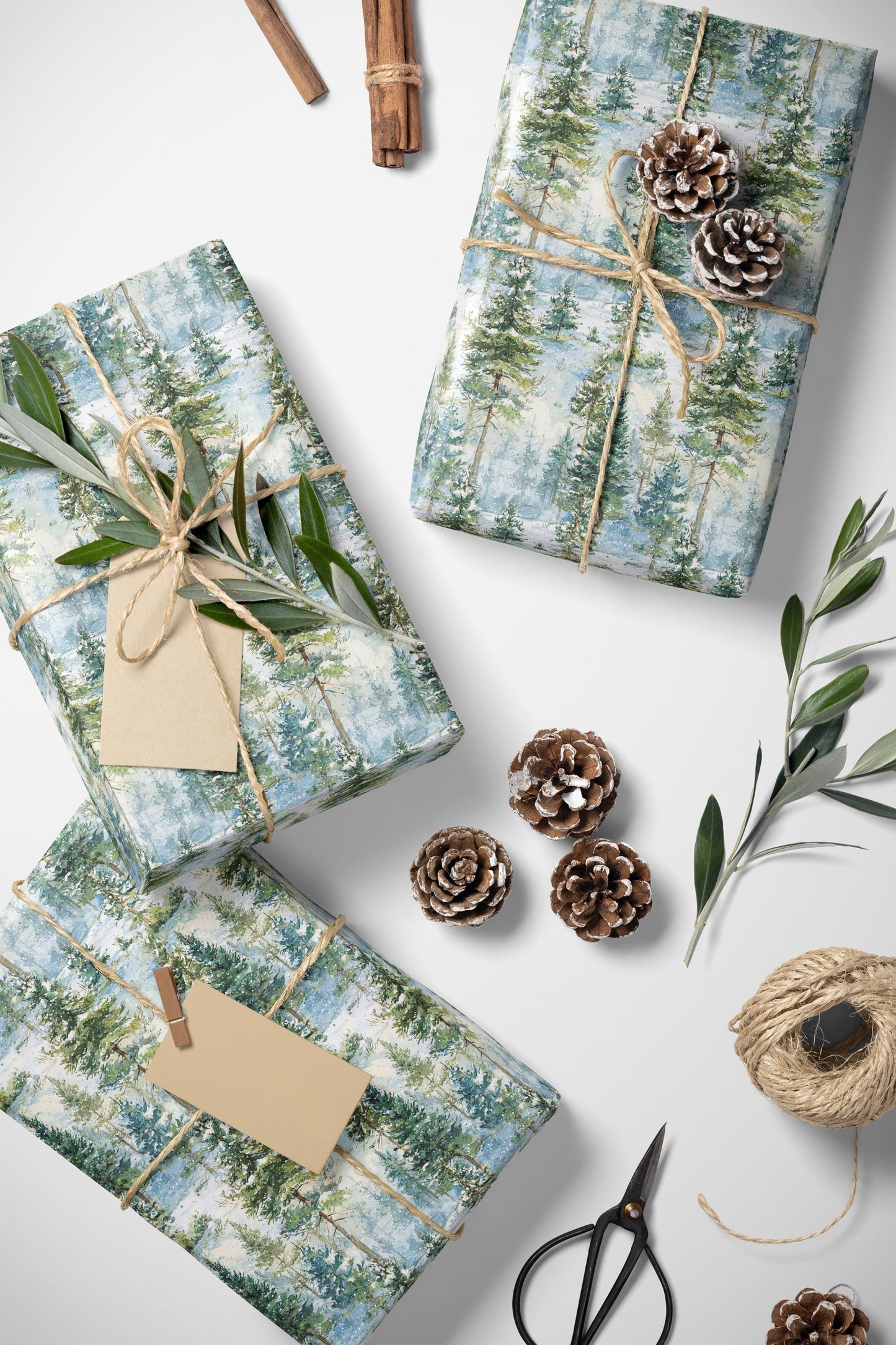 Winter Pine Tree Wrapping Paper Roll, Holiday Gift Wrap with Forest and Pinecone Design #29