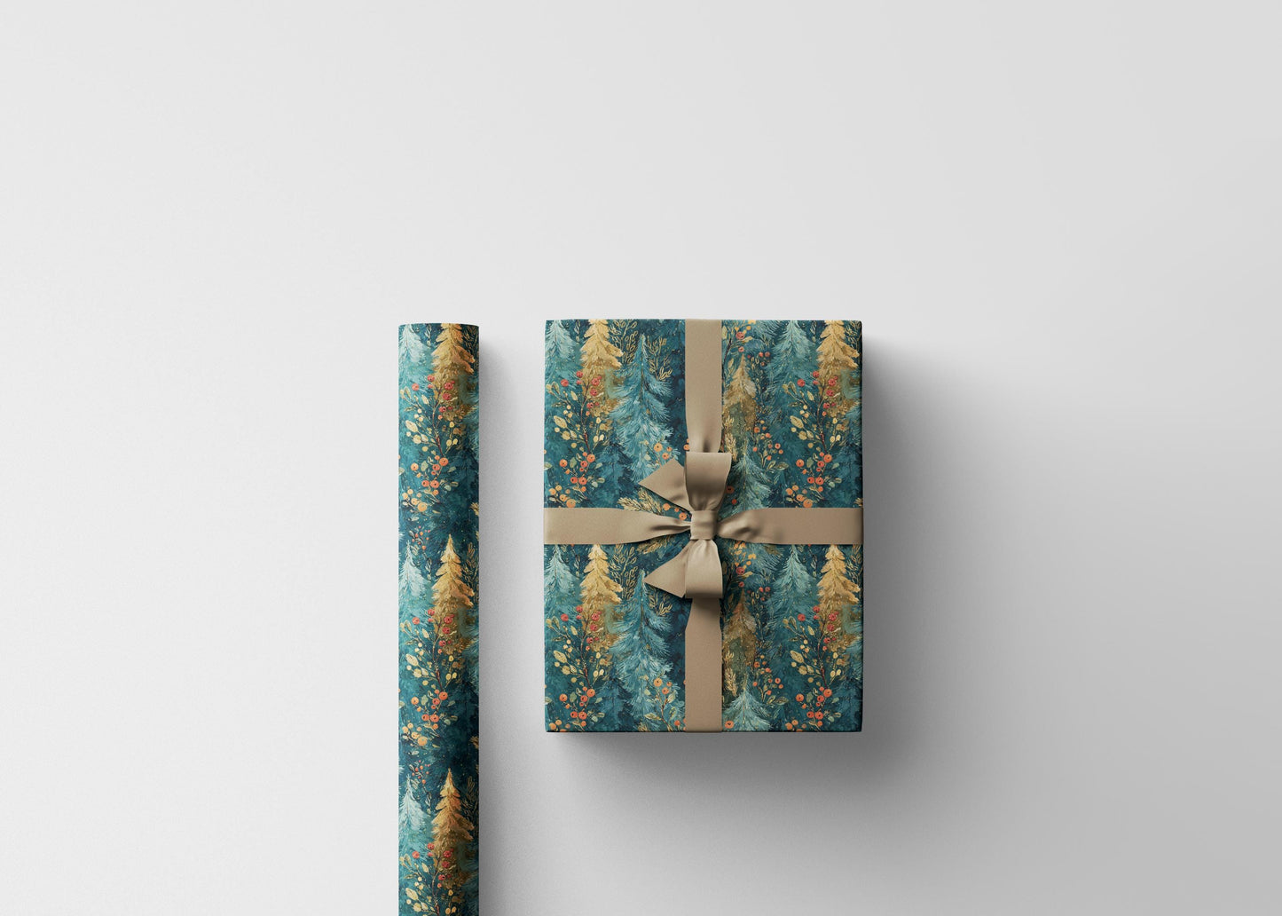 Pinecone Winter Wrapping Paper Roll, Forest Christmas Gift Wrap with Evergreen and Snowy Trees #25