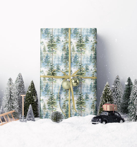 Winter Pine Tree Wrapping Paper Roll, Holiday Gift Wrap with Forest and Pinecone Design #29