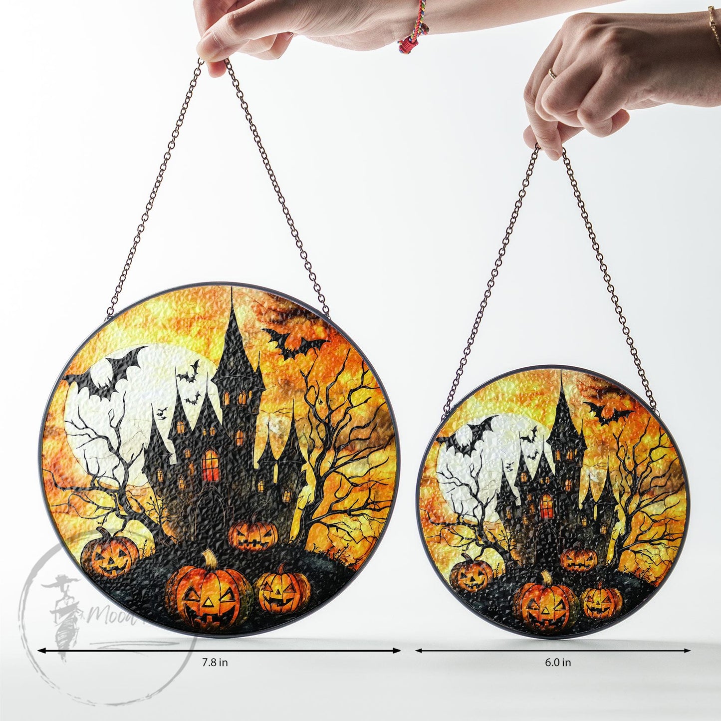 Halloween Haunted House Glass Suncatcher, Round Stained Glass Window Hanging, Pumpkin Bat Spooky Decor, Fall Gothic Home Accent