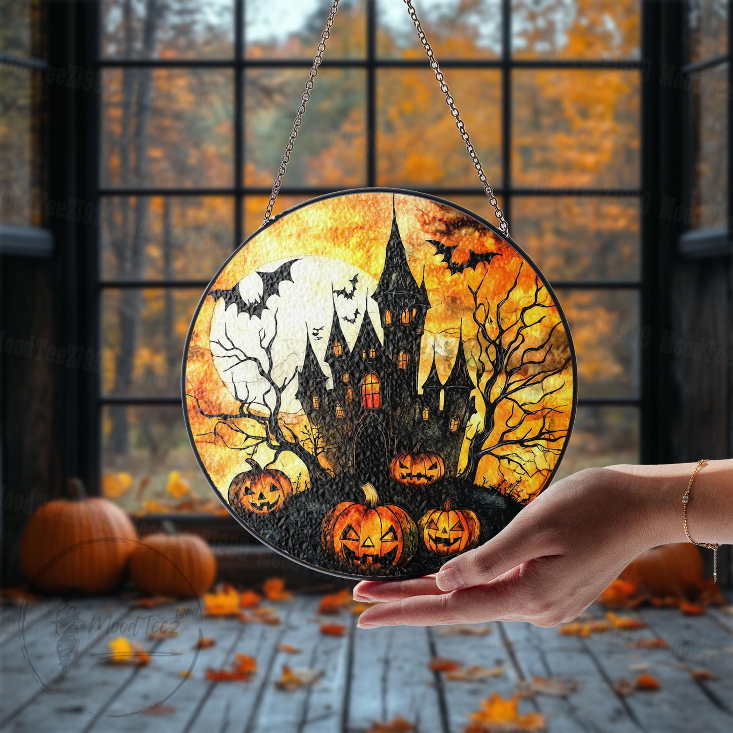 Halloween Haunted House Glass Suncatcher, Round Stained Glass Window Hanging, Pumpkin Bat Spooky Decor, Fall Gothic Home Accent