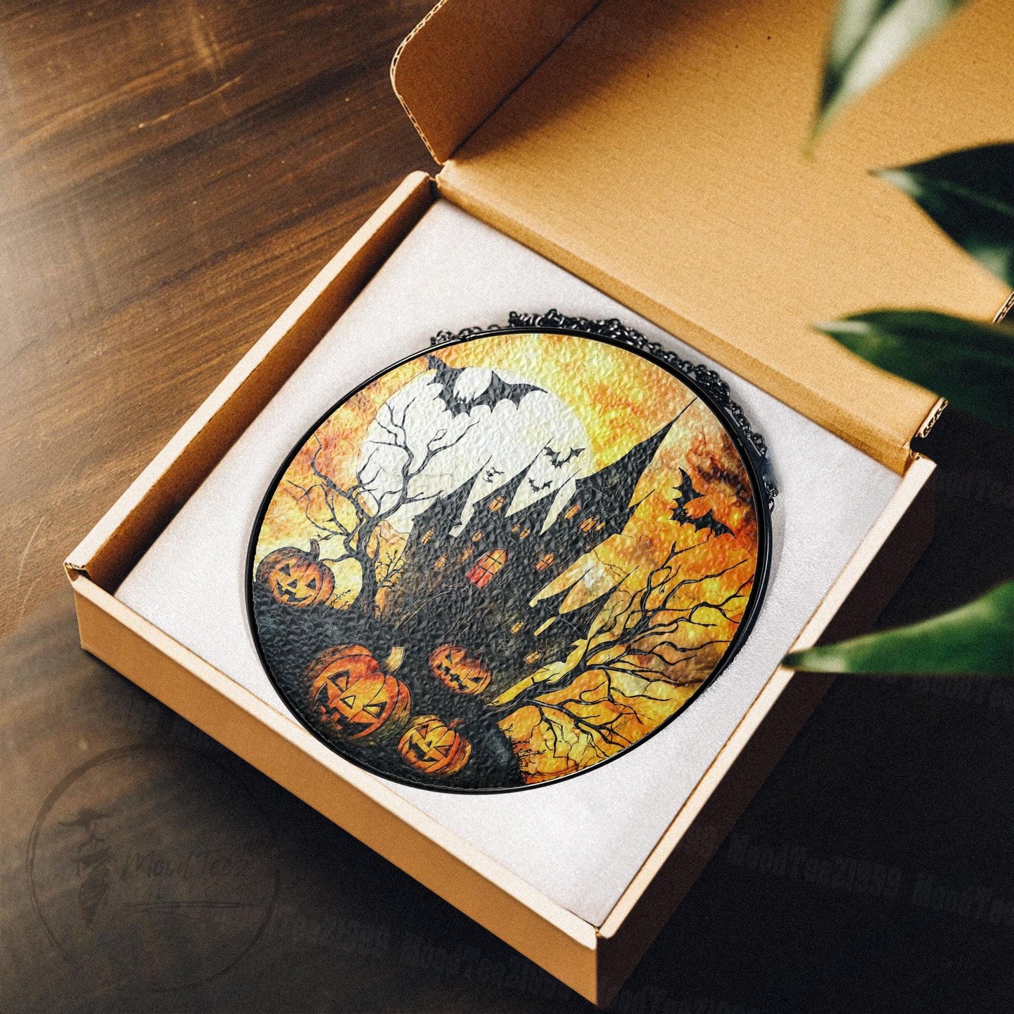 Halloween Haunted House Glass Suncatcher, Round Stained Glass Window Hanging, Pumpkin Bat Spooky Decor, Fall Gothic Home Accent