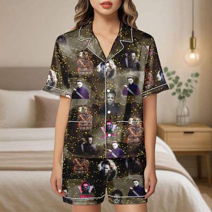 Horror Movie Satin Pajama Set, Michael Myers Freddy Krueger Sleepwear, Spooky Halloween PJs for Horror Fans