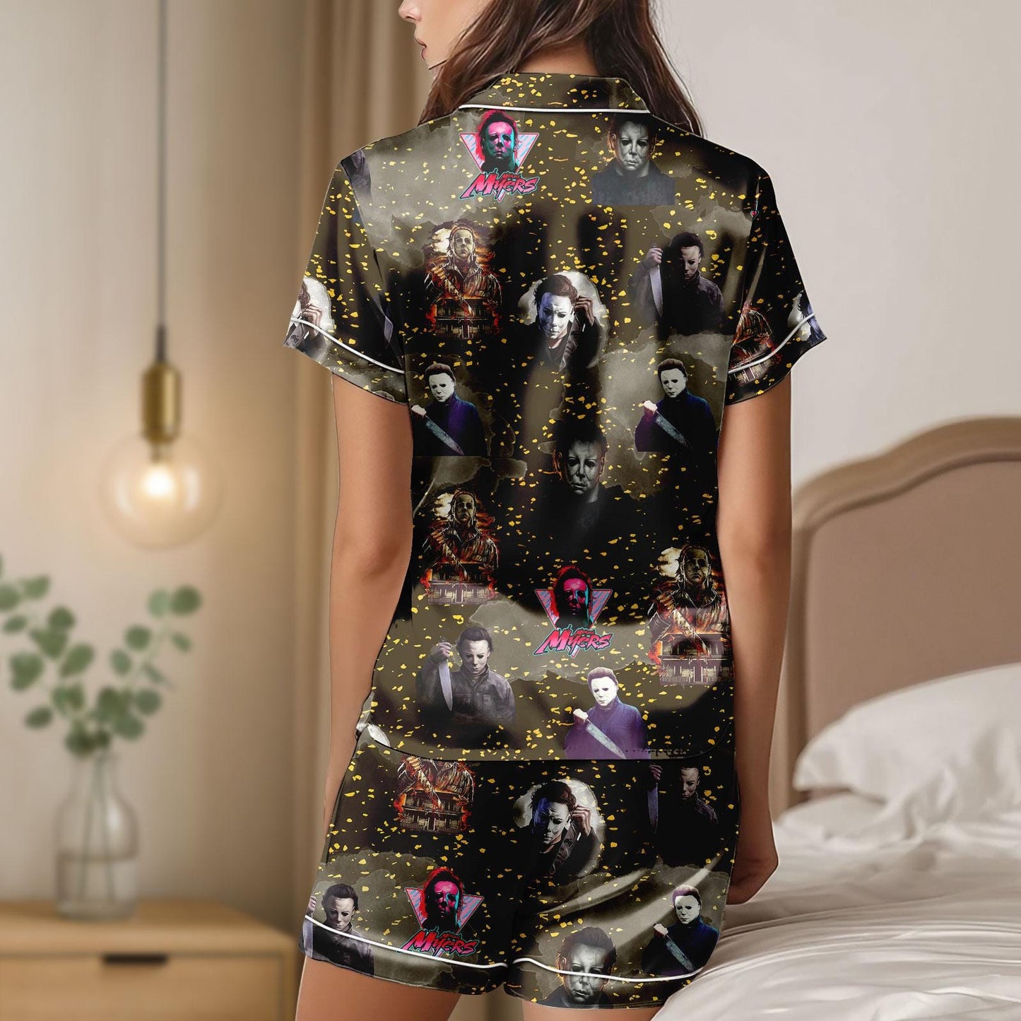 Horror Movie Satin Pajama Set, Michael Myers Freddy Krueger Sleepwear, Spooky Halloween PJs for Horror Fans