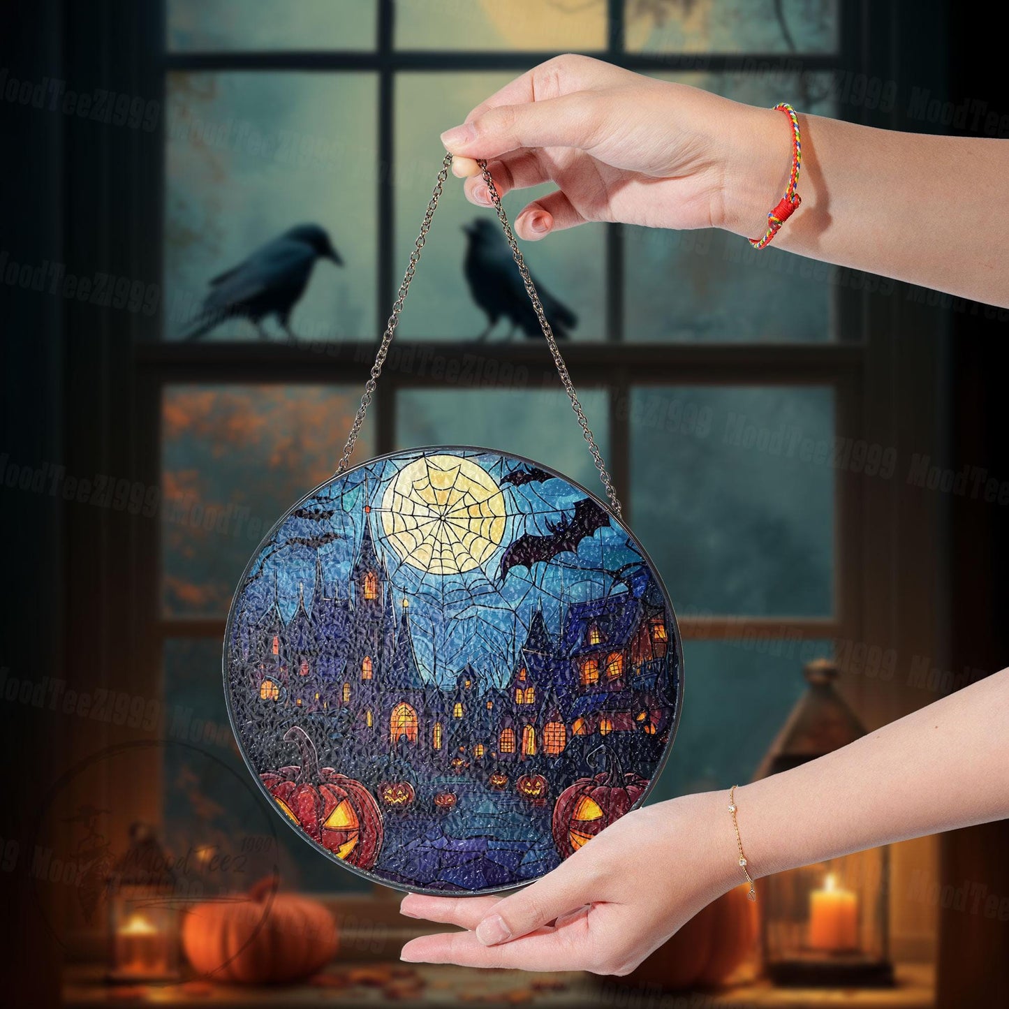 Haunted House Stained Glass Suncatcher, Halloween Window Art, Halloween Spooky Art, Spooky Pumpkin Decor, Window Hanging