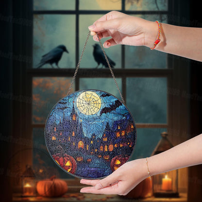 Haunted House Stained Glass Suncatcher, Halloween Window Art, Halloween Spooky Art, Spooky Pumpkin Decor, Window Hanging