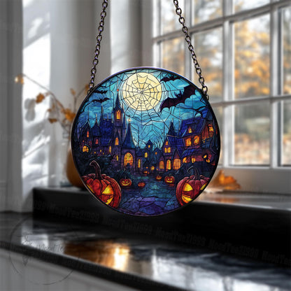 Haunted House Stained Glass Suncatcher, Halloween Window Art, Halloween Spooky Art, Spooky Pumpkin Decor, Window Hanging